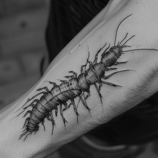 Black centipede tattoo with heavy shading on white background