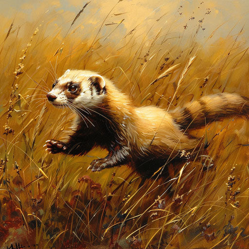 Black-footed ferret playing in tall grass