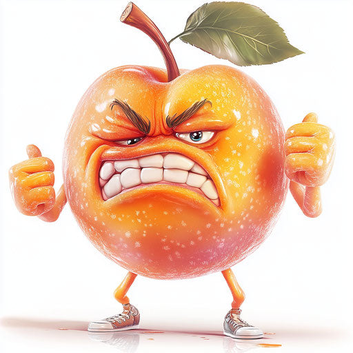 Humorous caricature of a peach with human characteristics