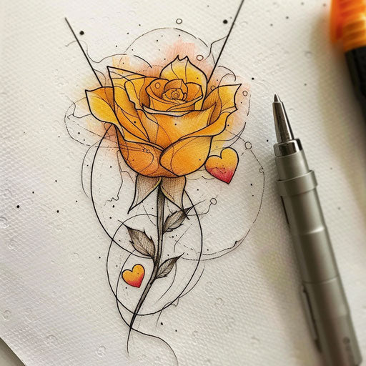 Romantic sketch of a yellow rose with hearts
