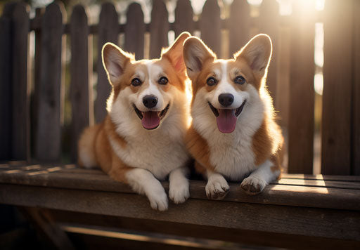 White corgis on bench, varied textures, light brown and dark blue style