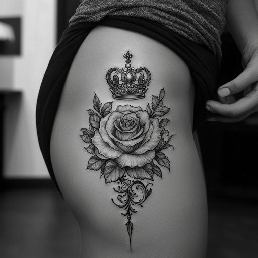 Rose tattoos for women with a regal crown above the bloom