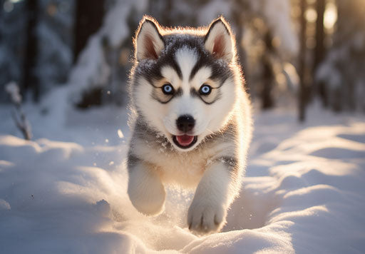 Husky puppy running through the snow in a forest