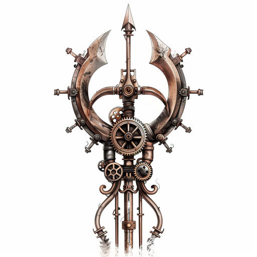 Steampunk trident tattoo with gears and pipes in bronze
