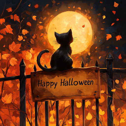 Black cat on a fence under a full moon