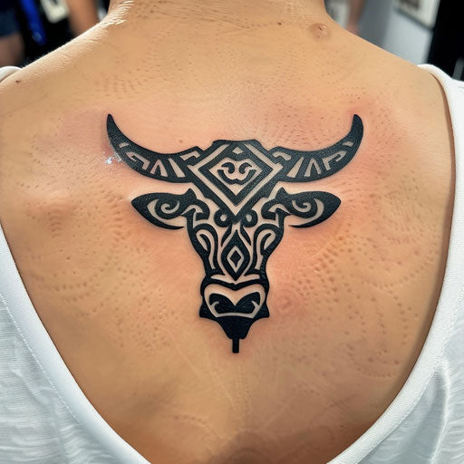 Tribal cow tattoo with bold black patterns on white