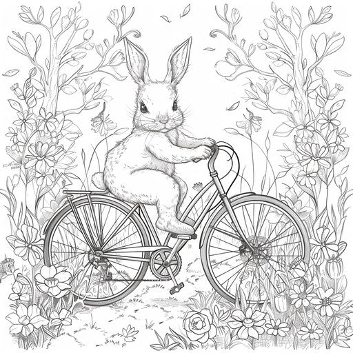 Bunny on bike in flowered park. Coloring page