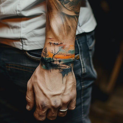 Men's wrist tattoos with abstract landscape