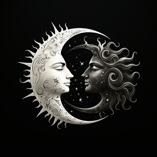 Black and white vector illustration of the sun and the moon