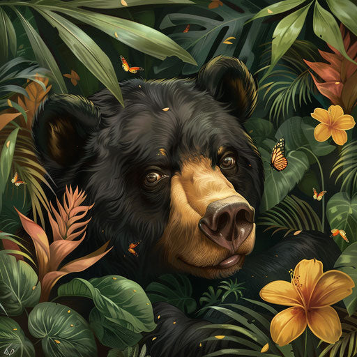Sun bear among tropical plants with butterfly on nose