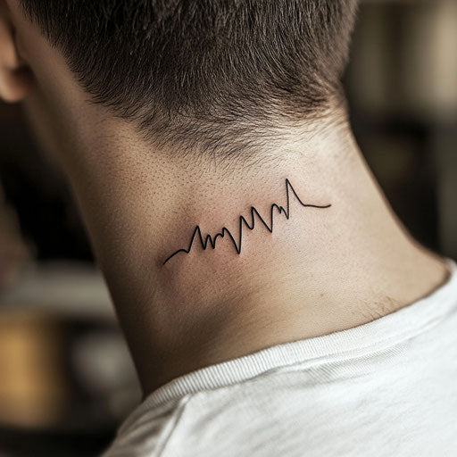 Men's neck tattoo with stylized heartbeat line
