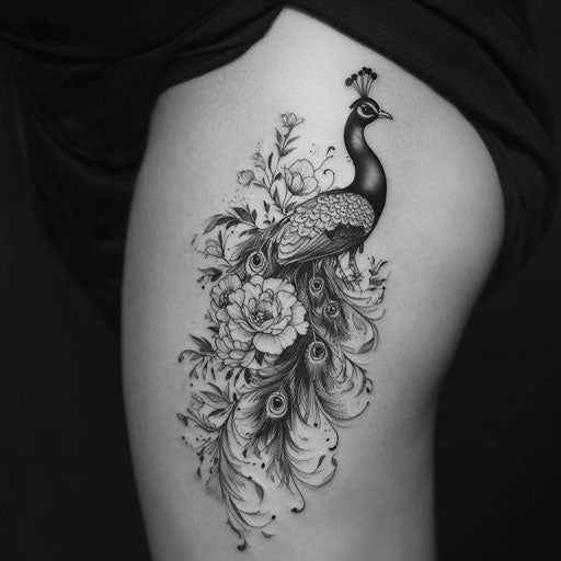 Floral tattoo with peacock - Adrian Smith style