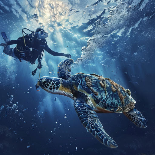 A sea turtle swimming next to a scuba diver