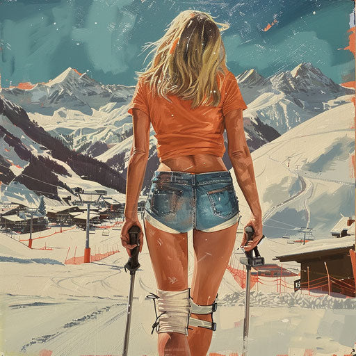 Blond woman with a cast and crutches in a ski resort