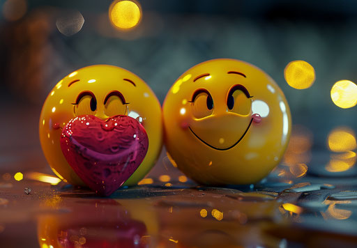 Yellow emoticons holding heart, shiny eyes style, romantic scenes