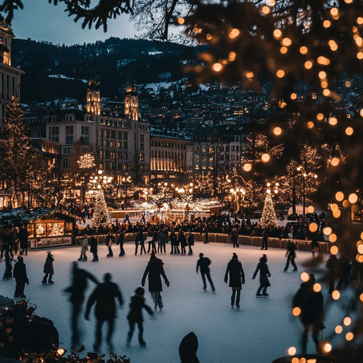 Festive ice skating rink in city with skaters under Christmas lights