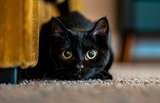 Black cat in a living room searching for a mouse, AP style photo, shiny eyes 17:11