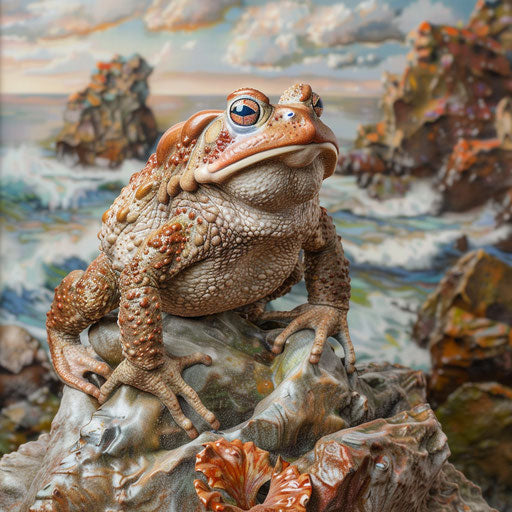 Toad exploring a rocky outcrop with the ocean in the background