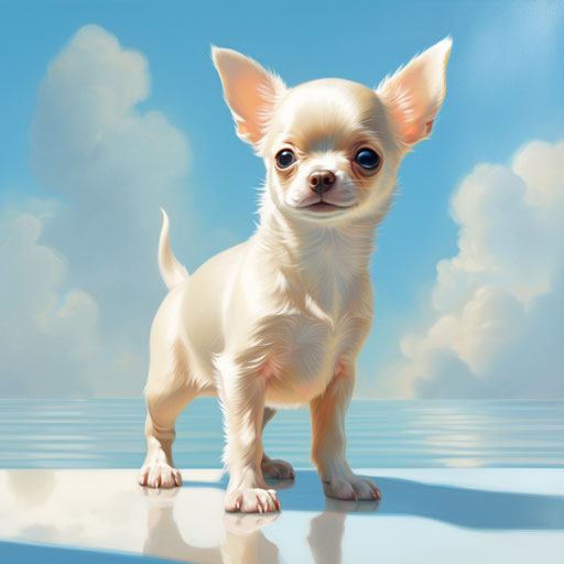 One-year-old chihuahua puppy in front of blue, pseudo-realistic