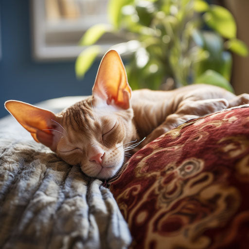 Devon Rex cat asleep on a couch