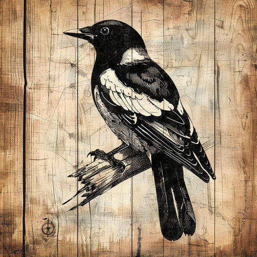 Rustic sketch of magpie on weathered barn wood