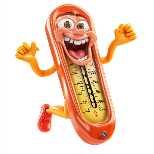 Humorous caricature of a thermometer with exaggerated human characteristics
