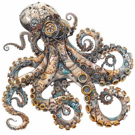 Steampunk kraken tattoo illustration, blending Victorian industrial elements with octopus imagery, on a white background.