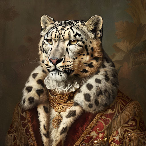 Vintage portrait of a snow leopard in regal attire