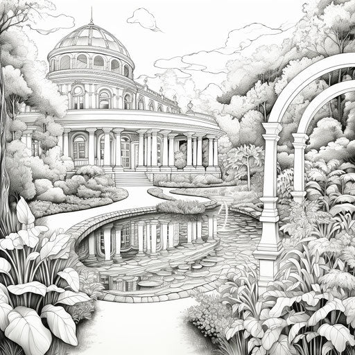 Black and white coloring page of park and garden, mesmerizing colorscapes