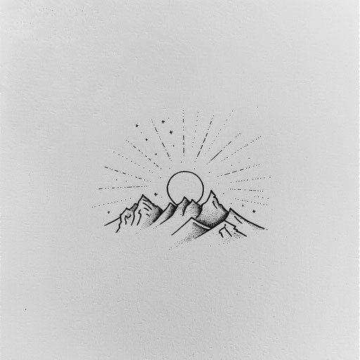 Minimalist tattoo of mountain landscape under starry sky