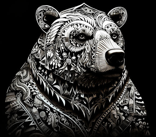 Bear designs in black and white, in the style of cosmic imagery, forestpunk, detailed landscapes, harmony with nature, celestialpunk, mosaics 76:67