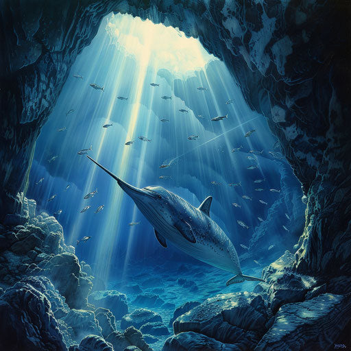 A narwhal swimming in an underwater canyon, with rays of light