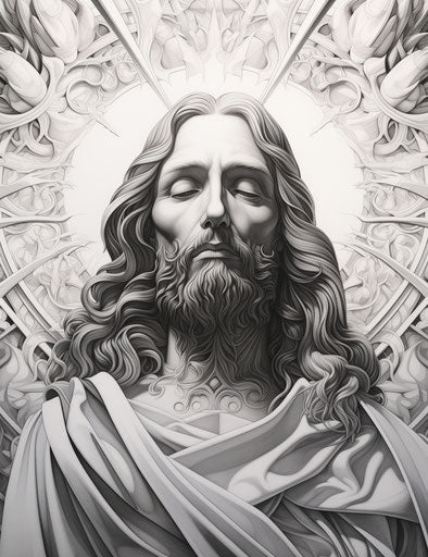 Fine art illustration of Jesus, neoclassical symmetry, realistic drawings