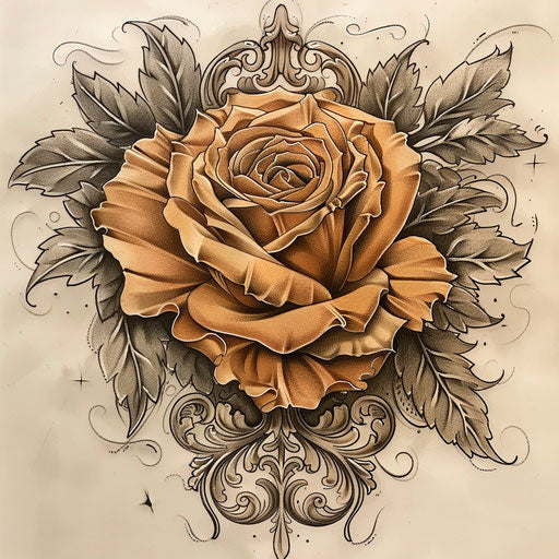 Vintage tattoo sketch of an amber rose with classic Victorian filigree in sepia tones