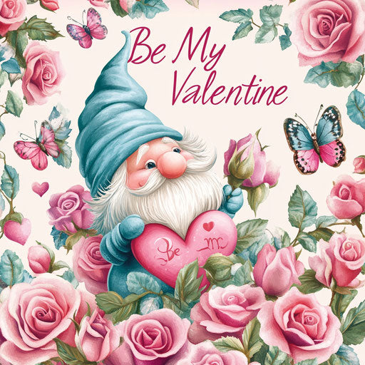 Three gnomes in pink roses, hearts, and butterflies with the text "Be My Valentine"