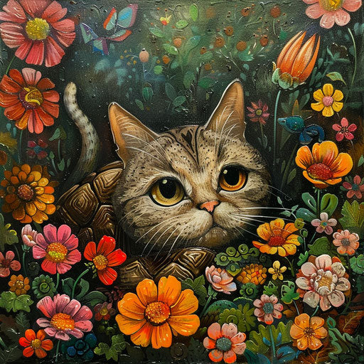 Tortoise cat in a flower bed with beautiful flowers