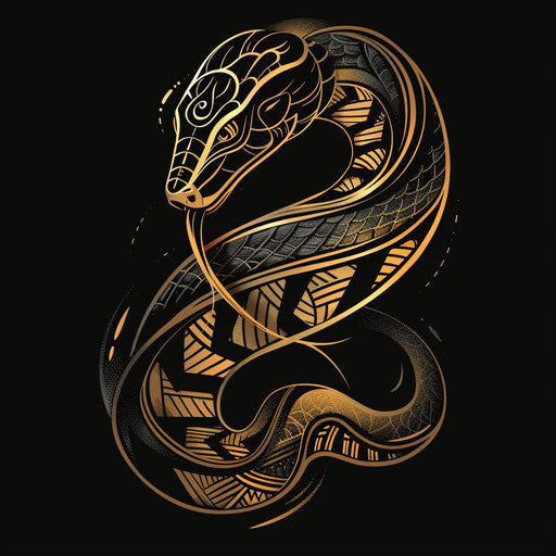 Chic sketch of a stylized black mamba with art deco patterns, in black and metallic gold, clipart style
