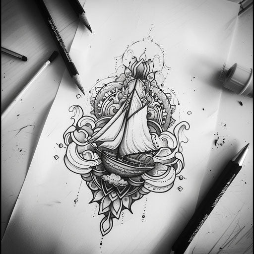 Intricate flat tattoo sketch with a boat entwined in an oceanic mandala
