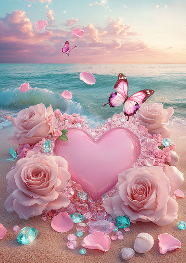 3D diamond painting of a heart-shaped beach with pink roses and a butterfly, surrounded by crystal-clear pebbles with roses, against a pink sea background, photorealistic style