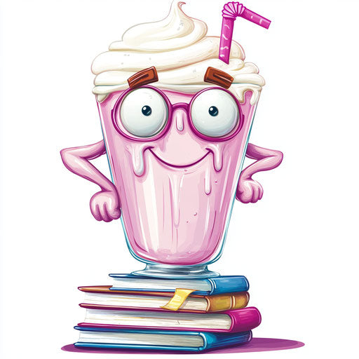 Humorous caricature of a milkshake clipart with human characteristics, exaggerated raised eyebrows, big hands, stack of books, vibrant colors, cartoon style, winking, high-resolution, no background, isolated