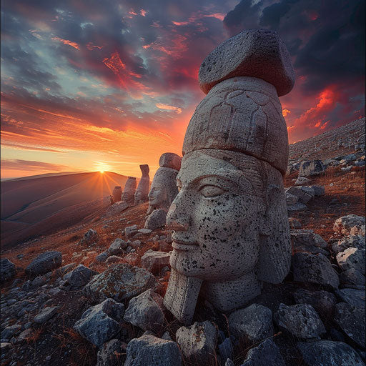Mount Nemrut at sunrise, in the style of David Keochkerian