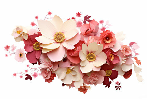 Bouquet with flower petals and blossoms on white background