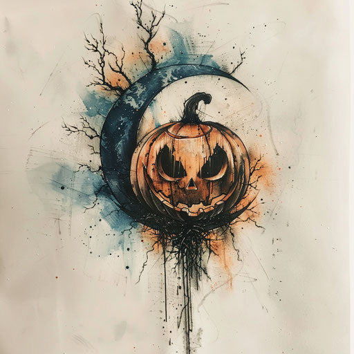 Surreal tattoo sketch of a pumpkin morphing into a moon, in a dreamy color scheme
