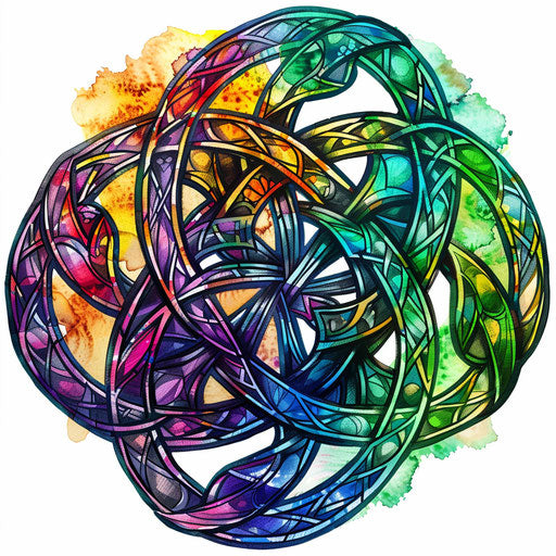 Celtic knot tattoo in stained glass style, vibrant and colorful