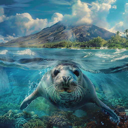 Hawaiian monk seal emerging from ocean with volcanic landscape