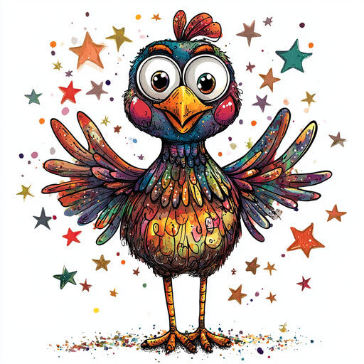 Humorous caricature of a Thanksgiving clipart image with human characteristics, exaggerated expressive eyes, thin legs, surrounded by stars, vibrant colors, cartoon style, smiling, high resolution, no background, isolated