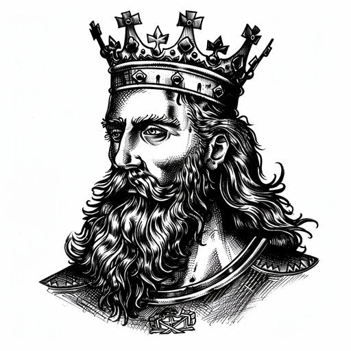 Medieval king portrait in classic woodcut style