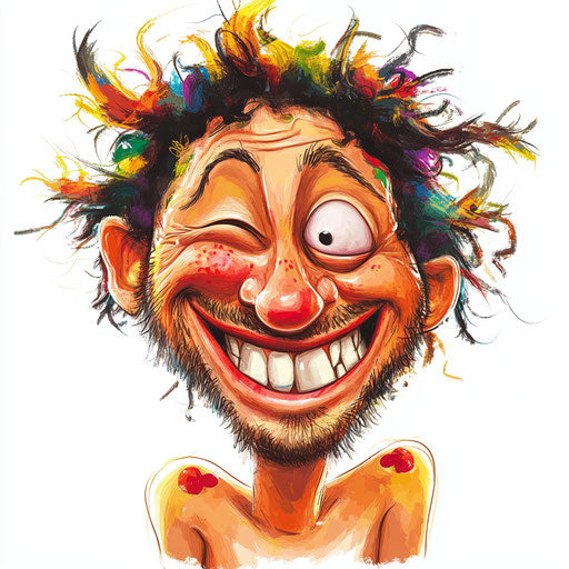 Humorous caricature of a social caricature clipart with human characteristics, exaggerated bushy eyebrows, with toes feet, pastel shades, vibrant colors, cartoon style, winking, high-resolution, no background, isolated