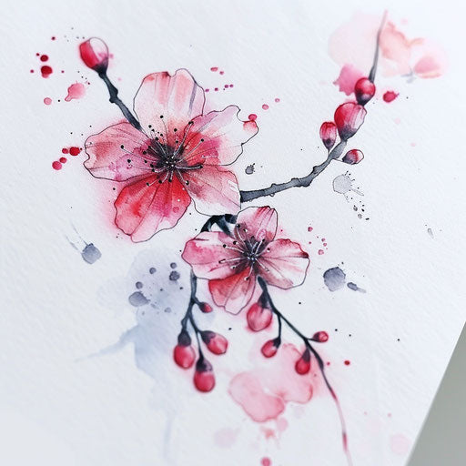 Ethereal cherry blossom tattoo design with watercolor splashes