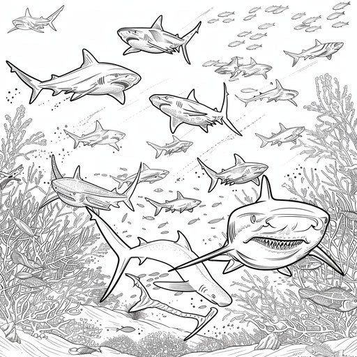 A group of different shark species swimming together. Coloring book page